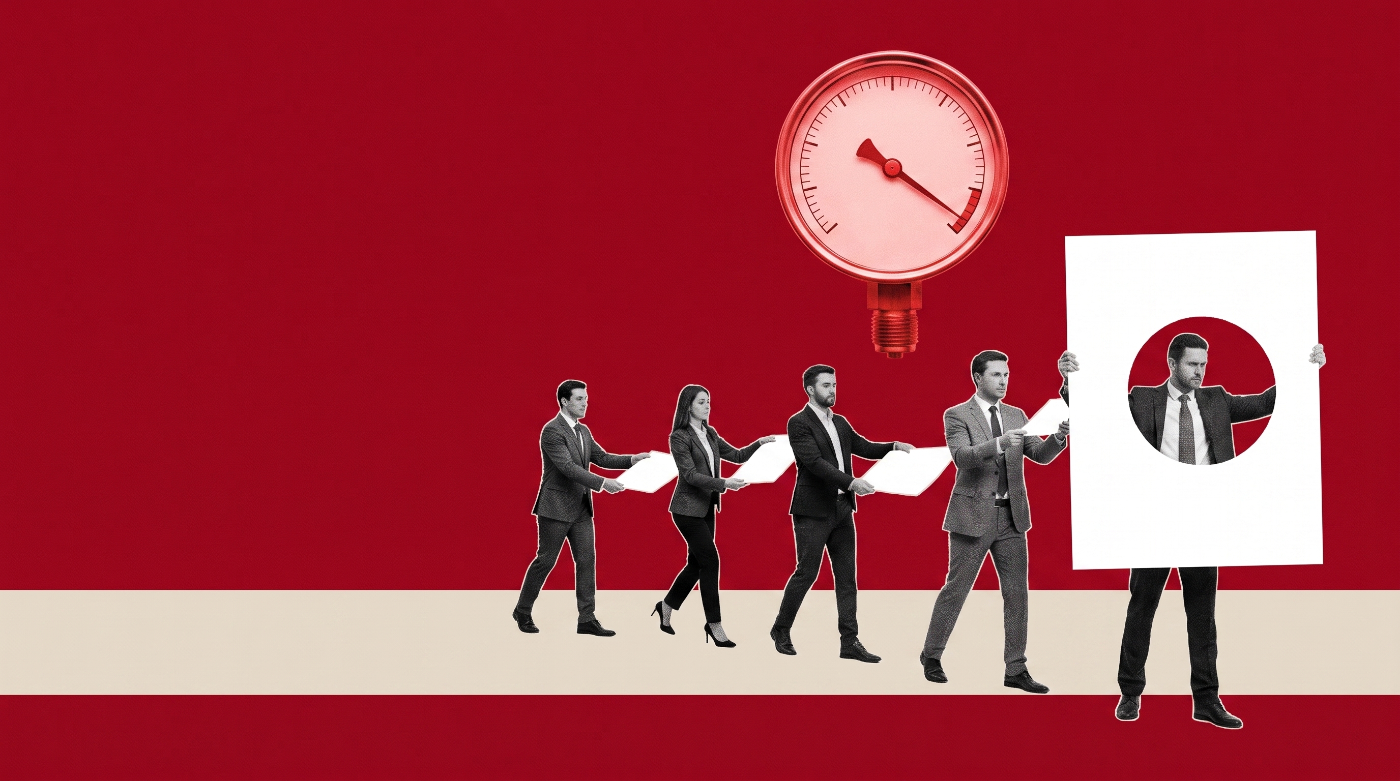 Grayscale cut-out office figures on a flat colour stage passing along a single oversized invoice, the panel where the amount would sit punched out and empty